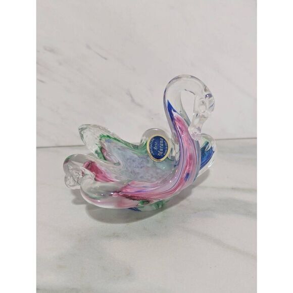 Murano Vintage Hand Blown Swan Multi Color Candy Dish Or Ash Tray - Picture 2 of 8